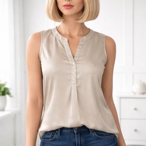 Ann Taylor Sleeveless Beige Blouse Sz L | Layering Essential | Workwear Staple